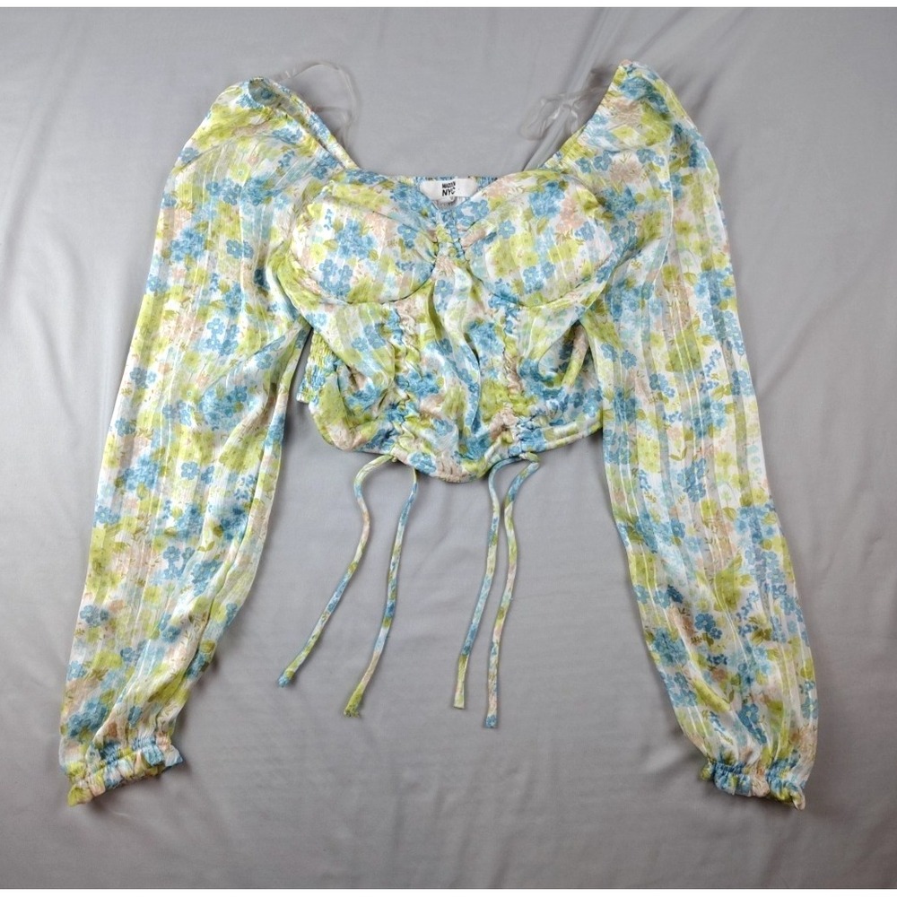 Madden NYC Juniors S Ruched Front Top Shirt Blue Green Flowers Sheering Bra Cup